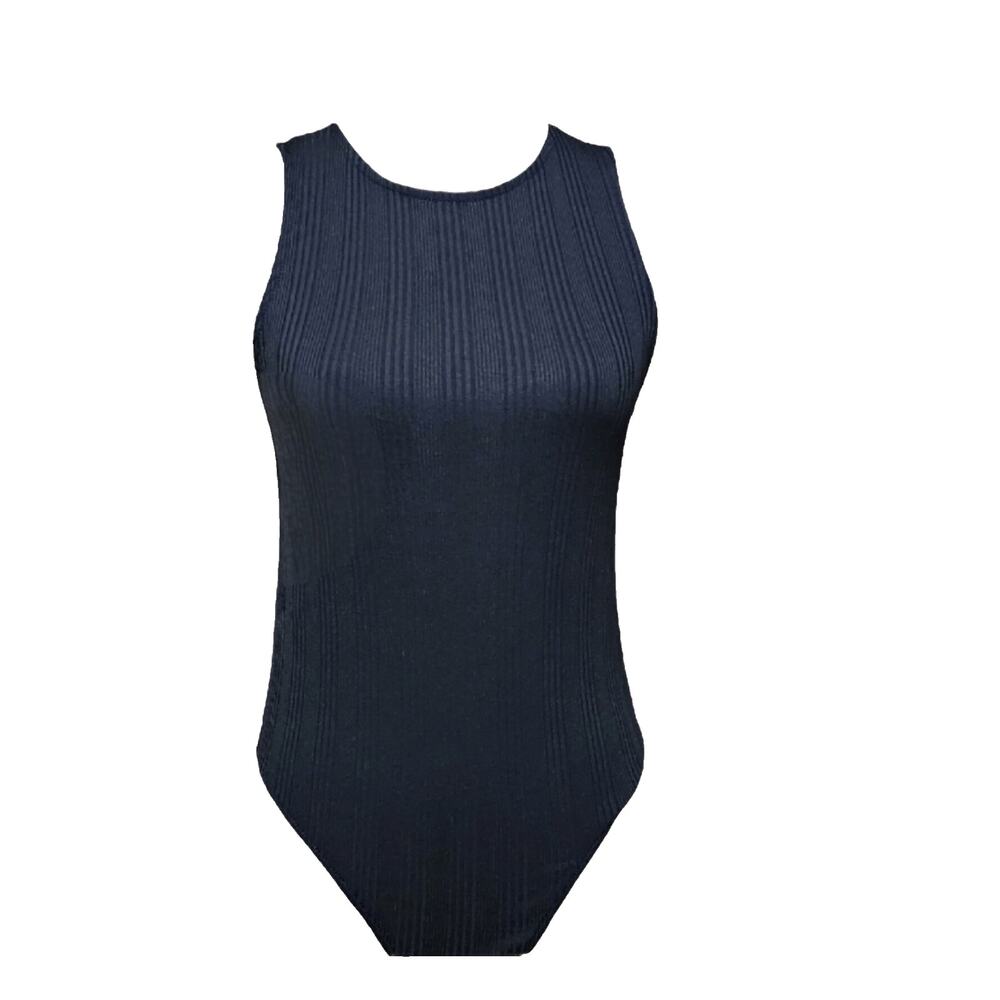 Love for Humanity Bodysuit Oneโ Piece Sz L Black Ribbed Tank Top Snap Button EUC